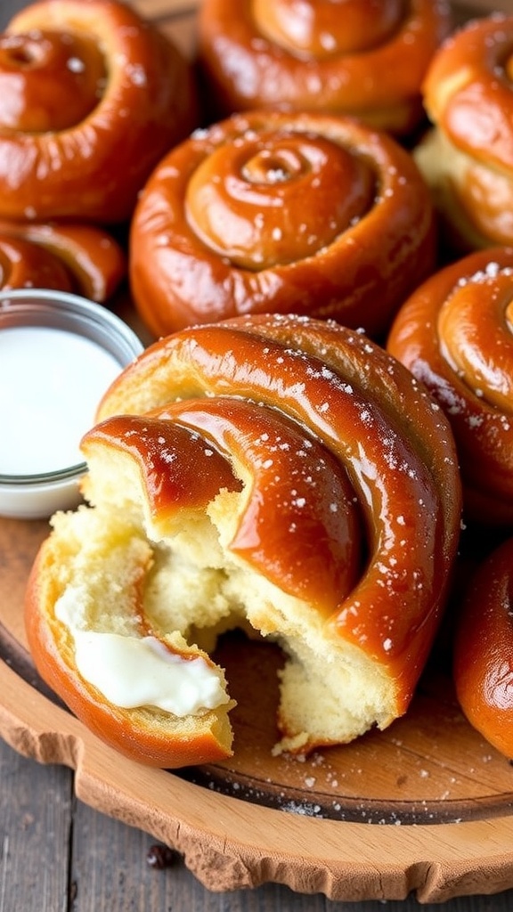 Cinnamon Monkey Bread Rolls Recipe Golden-brown cinnamon monkey bread rolls on a wooden platter with a bowl of icing.